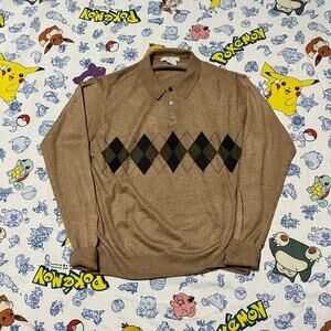 Vintage 2000s Geoffrey Beene Tan Collared Argyle Sweater